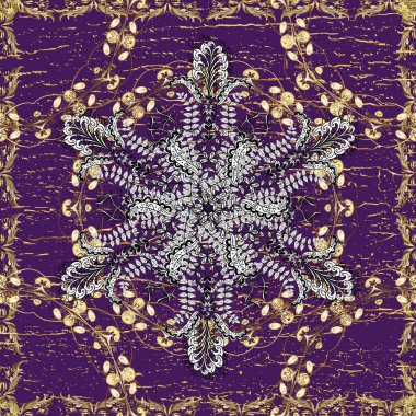 Altın antika ortaçağ desenli kusursuz desenler, siyah, mor ve beyaz renkli yapraklar ve altın desenli süsler. Kusursuz kraliyet lüksü, altın barok kumaş rengi..
