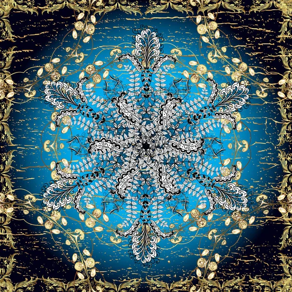 Siyah, mavi ve beyaz üzerinde altın elementlerle altın, pürüzsüz desen. Noel, kar tanesi, yeni yıl. Siyah, mavi ve beyaz renklerde, altın elementlerle kusursuz klasik desen.