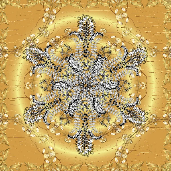 Paisley 'ler zarif çiçeksiz arka plan duvar kâğıdı çizimleri. Güzel, modaya uygun, modern, üç boyutlu sanat eseri, altın, bej, beyaz ve sarı desenli çiçek yaprakları ve süsler..