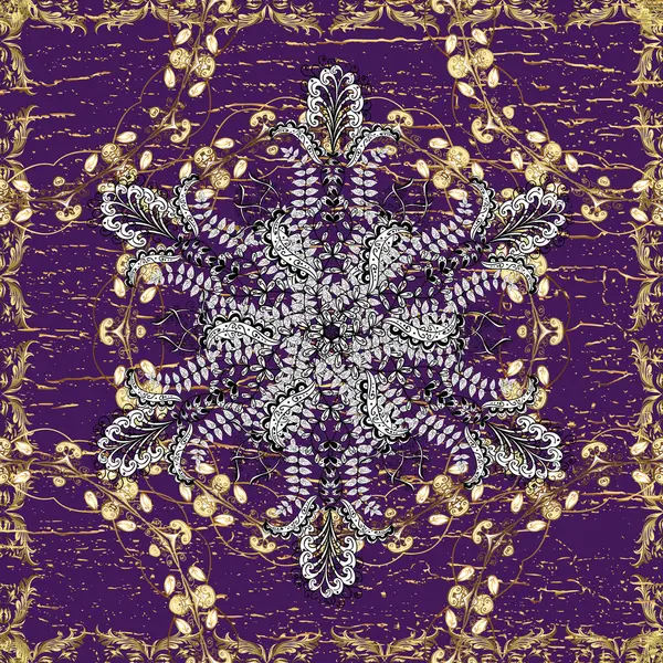 Altın antika ortaçağ desenli kusursuz desenler, siyah, mor ve beyaz renkli yapraklar ve altın desenli süsler. Kusursuz kraliyet lüksü, altın barok kumaş rengi..