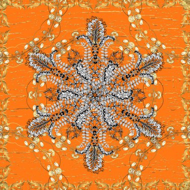 El yapımı dekoratif çerçeve, albüm kapağı, tebrik kartı, klasik Art deco tarzı. Altın karalama fantezi yapraklarından vektör soyut çiçek çelengi ve turuncu, kahverengi ve beyaz renkte çiçek.