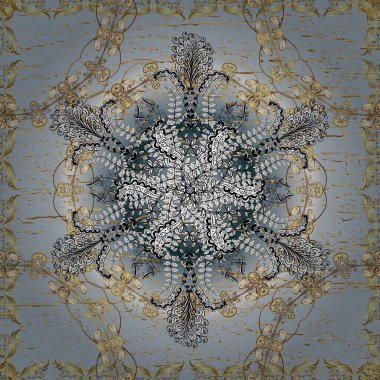 Vektör altın mehndi kusursuz desen. Tarafsız, beyaz ve gri renklerde desen. Kına dövmeli süs çiçekleri, altın çıkartmalar, mehndi ve yoga tasarımı, kartlar ve parmak izleri..