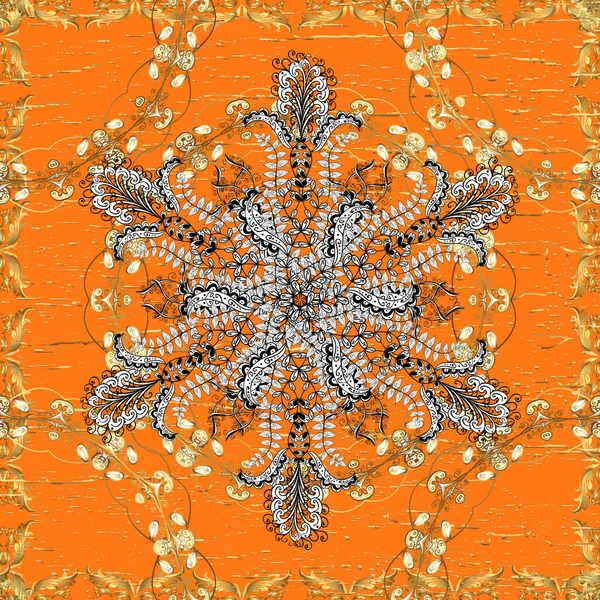 El yapımı dekoratif çerçeve, albüm kapağı, tebrik kartı, klasik Art deco tarzı. Altın karalama fantezi yapraklarından vektör soyut çiçek çelengi ve turuncu, kahverengi ve beyaz renkte çiçek.