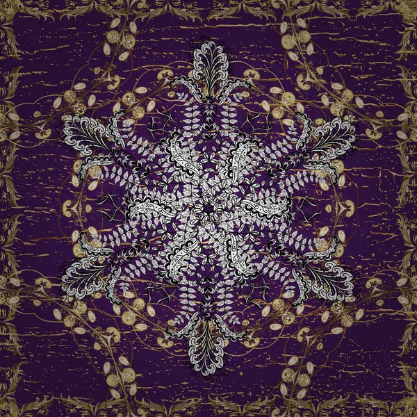Altın süsleme. Süslü dantel iz sürücü. Geleneksel Arap dekoru siyah, beyaz ve mor renklerde. Doğu tarzında klasik tasarım öğesi. Çiçek süsüsüyle kusursuz desen.