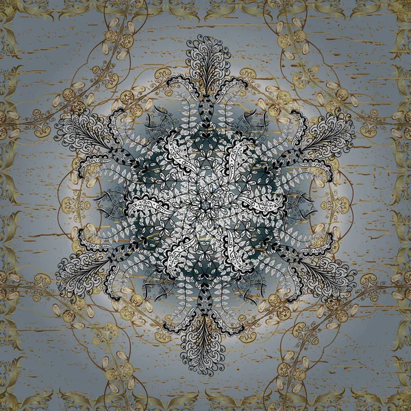 Vektör altın mehndi kusursuz desen. Tarafsız, beyaz ve gri renklerde desen. Kına dövmeli süs çiçekleri, altın çıkartmalar, mehndi ve yoga tasarımı, kartlar ve parmak izleri..