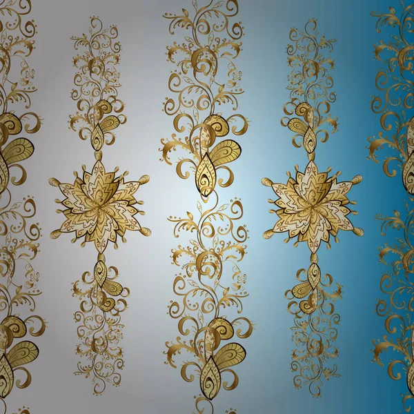 Golden Seamless Pattern Blue Neutral White Colors Golden Floral Elements — Archivo Imágenes Vectoriales