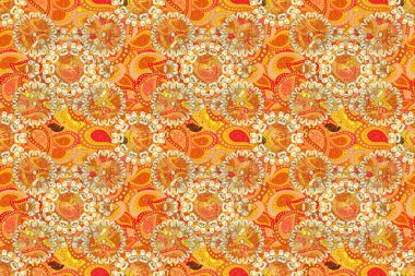 Altın elementlerle bej, sarı ve turuncu renklerde kusursuz klasik desen. Noel, kar tanesi, yeni yıl 2019.