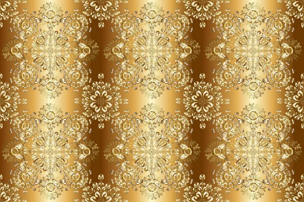 Sarı, bej ve kahverengi renklerde, altın çiçekli altın desenler. Senin tasarımın için, duvar kağıdı. Altın rengi, kusursuz çizim. Geometrik arkaplan.