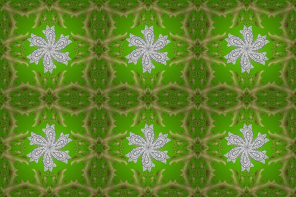 Sarı, yeşil ve nötr renklerde klasik, klasik, altın, pürüzsüz desen. Barok tarzında kusursuz bir doğulu süsü..