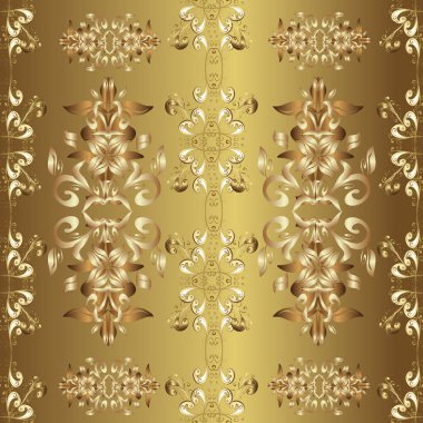 Çiçek deseni. Bej, sarı ve kahverengi renklerde altın elementler. Duvar kâğıdı barok, İspanyol kumaşı. Şık bir grafik desen. Kusursuz arkaplan.