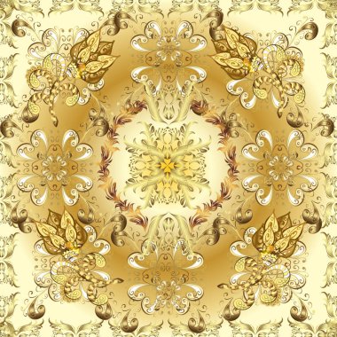 Altın karalama fantezi yapraklarından elde edilen soyut çiçek çelengi ve bej, kahverengi ve sarı renkli bir çiçek. El yapımı dekoratif çerçeve, albüm kapağı, tebrik kartı, klasik Art deco tarzı.