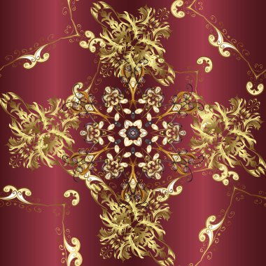 Altın çiçekli, pürüzsüz desen. Kırmızı, kahverengi ve sarı renklerde altın bir element. Barok tarzında altın çiçekli süs. Damask arkaplanı.