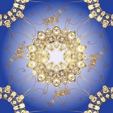 Barok tarzında duvar kağıdı tasarımı için kusursuz damaske deseni arkaplanı. Süslü dekorasyon. Kahverengi, mavi ve nötr renklerdeki altın desenler altın elementlerle.