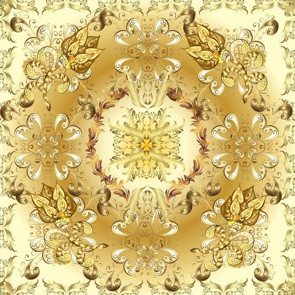 摘要从金黄色 褐色和黄色的多朵奇幻叶和花中提取花环 手绘装饰框架 相册封面 老式艺术装饰风格 — 图库照片