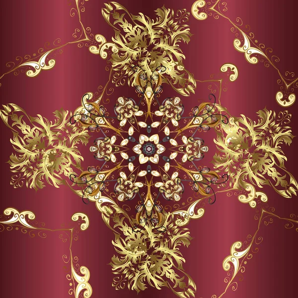 Altın çiçekli, pürüzsüz desen. Kırmızı, kahverengi ve sarı renklerde altın bir element. Barok tarzında altın çiçekli süs. Damask arkaplanı.