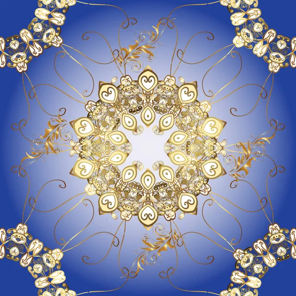 Barok tarzında duvar kağıdı tasarımı için kusursuz damaske deseni arkaplanı. Süslü dekorasyon. Kahverengi, mavi ve nötr renklerdeki altın desenler altın elementlerle.