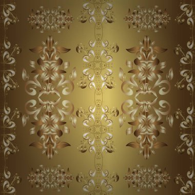 Bej, kahverengi ve sarı renklerde altın element. Damask kusursuz yinelenen arkaplan. Doku arka planında altın duvar kâğıdı. Barok tarzında altın çiçekli süs..