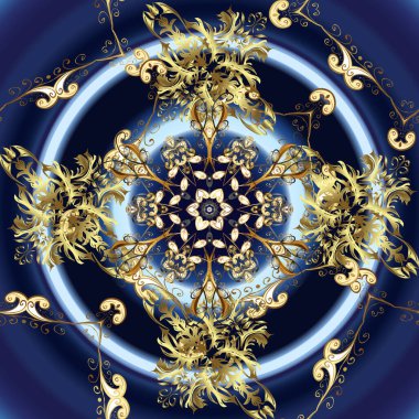 Vektör çizimi. Tarafsız, mavi ve siyah renklerde altın elementler. Vektör altın desen. Doğu tarzı arabesk. Kusursuz altın desenli bukleler..