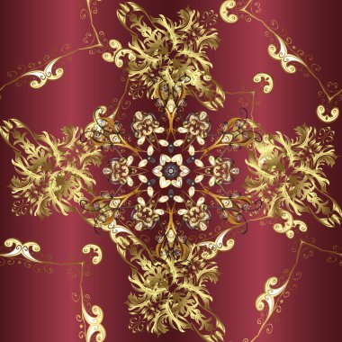 Noel, kar tanesi, yeni yıl. Kahverengi, sarı ve kırmızı renklerde, altın elementlerle kusursuz klasik desen. Kahverengi, sarı ve kırmızı renklerde altın pürüzsüz desenler.