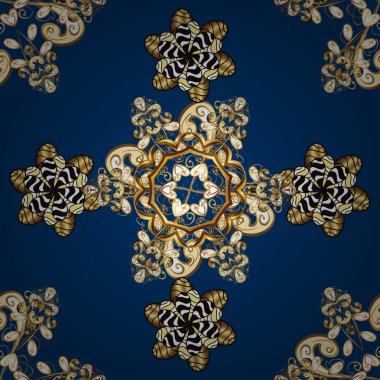 Tekrarlayan elementlerle kusursuz soyut arkaplan. Zarif bir klasik vektör modeli. Sarı, kahverengi, mavi ve altın desenli.