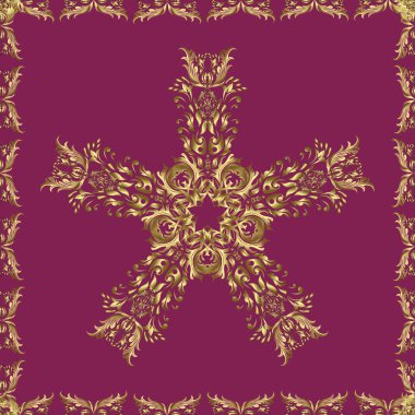 Damask pürüzsüz süsü. Geleneksel vektör ve altın desen. Klasik oryantal desen mor, kahverengi ve nötr renkler üzerinde.