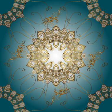 Kraliyet retro 'su mavi, kahverengi ve nötr renklerde. Klasik çiçek dokusu. Altın şablon. Kart, duvar kağıdı, ambalaj ve tekstil için klasik tasarım. Vektör çizimi. Kusursuz desenli altın elementler.