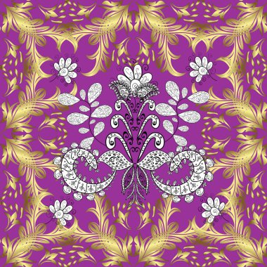 Tarafsız, sarı ve mor renklerde altın desenli altın elementler. Kusursuz altın desen. Vektör oryantal süsü.