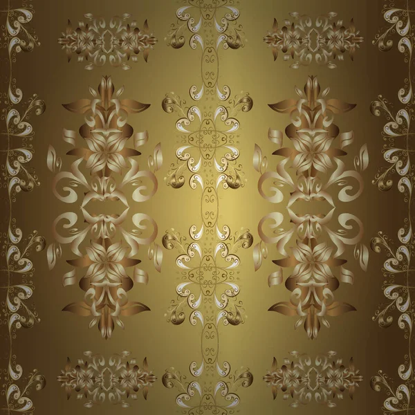 Golden Element Beige Brown Yellow Colors Damask Seamless Repeating Background — Stock vektor