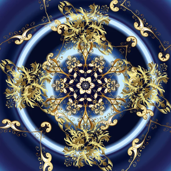 Vektör çizimi. Tarafsız, mavi ve siyah renklerde altın elementler. Vektör altın desen. Doğu tarzı arabesk. Kusursuz altın desenli bukleler..