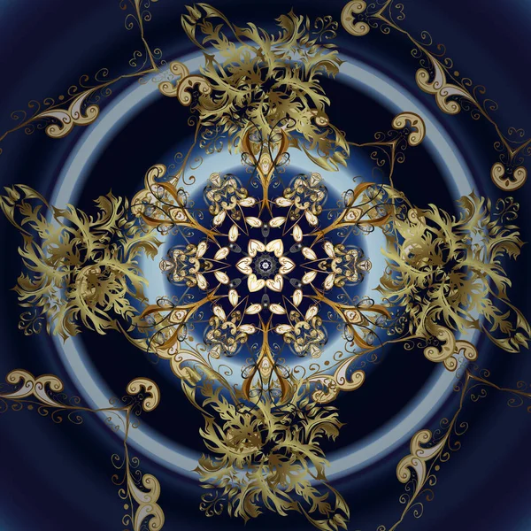 Damask pürüzsüz süsü. Klasik oryantal desen, nötr, mavi ve siyah renkler üzerinde. Geleneksel vektör ve altın desen.