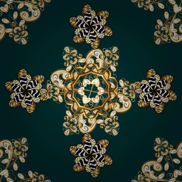 Geleneksel Arap dekoru mavi sarı renklerde. Çiçek süsüsüyle kusursuz desenli vektör. Duvar kâğıdı için altın süslü bir illüstrasyon. Doğu tarzında klasik tasarım öğesi. Süslü dantel iz sürücü