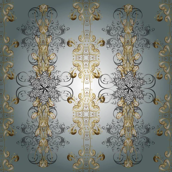 Vector Illustration Damask Gold Abstract Flower Seamless Pattern Gray Neutral — Stockvektor