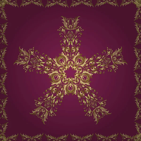 Doğu tarzı element. Çizgi sanatı tasarım şablonu için kusursuz sınır. Mor, kahverengi renklerde altın bir element. Altın desenli çiçek dekoru. Davetiyeler, kartlar, web sayfası için vektör illüstrasyonu.