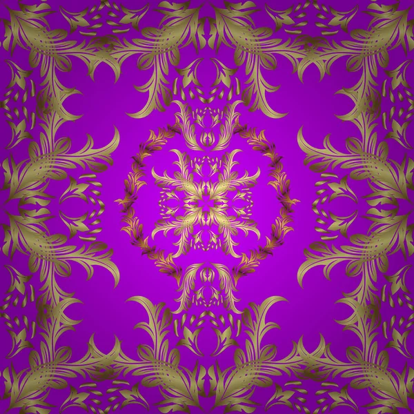 Vektör doğu süsü. Kusursuz altın desen. Tarafsız, sarı ve mor renklerde altın desenli altın elementler.