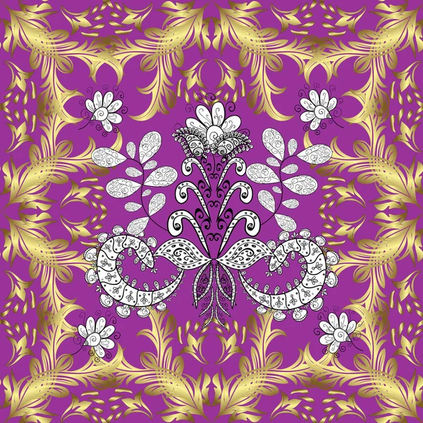 Tarafsız, sarı ve mor renklerde altın desenli altın elementler. Kusursuz altın desen. Vektör oryantal süsü.