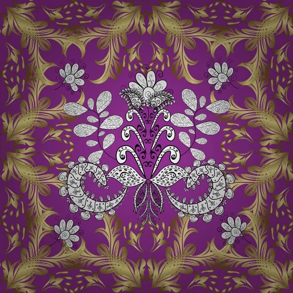 Vintage Seamless Pattern Yellow Neutral Purple Colors Golden Elements Vector — 스톡 벡터