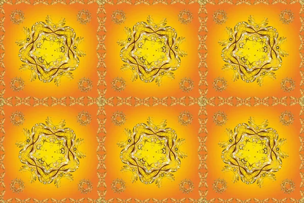 El yapımı dekoratif çerçeve, albüm kapağı, tebrik kartı, klasik Art deco tarzı. Altın karalama fantezi yapraklarından elde edilen soyut çiçek çelenkleri ve turuncu, sarı ve kahverengi renkte çiçekler..