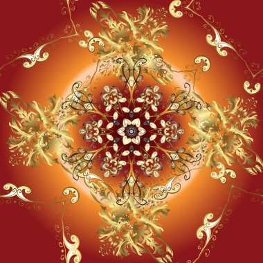 Altın rengi klasik barok çiçekli desenli. Lüks, kraliyet ve Viktorya dönemi konsepti. Süslü dekorasyon. Turuncu, kahverengi ve kırmızı renklerde altın desenler.