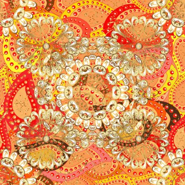 Kırmızı, sarı ve bej renklerde, altın elementlerle kusursuz klasik desen. Noel, kar tanesi, yeni yıl 2019.