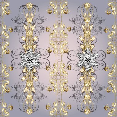 Damask kusursuz yinelenen arkaplan. Doku arka planında altın duvar kâğıdı. Gri, bej ve nötr renklerde altın element. Barok tarzında altın çiçekli süs..