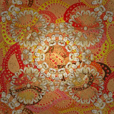 Kına dövmeli süs çiçekleri, altın çıkartmalar, mehndi ve yoga tasarımı, kartlar ve parmak izleri. Sarı, kırmızı ve bej renkli desenler. Vektör altın mehndi kusursuz desen.