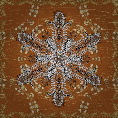 Geleneksel oryantasyon süsü. Klasik klasik klasik arka plan. Kusursuz klasik vektör altın deseni. Turuncu, kahverengi ve beyaz renklerde, altın elementlerle kusursuz desen.