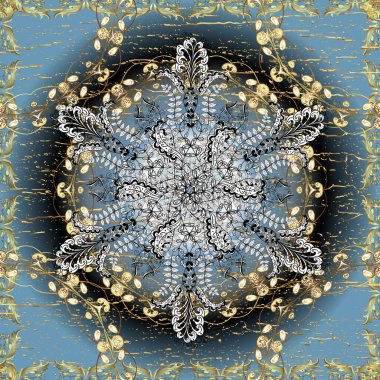 Şam, tasarım için kusursuz desen. Siyah, mavi ve beyaz altın elementli vektörsüz desen.