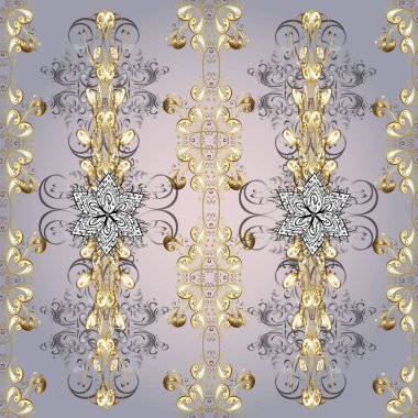 Vektör çizimi. Kusursuz ortaçağ çiçek deseni. Dekoratif simetri arabesk. Doğum günü kartı, davetiye ya da afiş için iyidir. Tarafsız, bej ve gri renklerde altın.