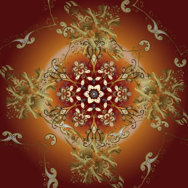 Barok tarzında altın çiçek süsü. Damask arkaplanı tekerrür ediyor. Altın element kırmızı, kahverengi ve turuncu renklerde. Antika altın tekrarlanabilir duvar kağıdı.