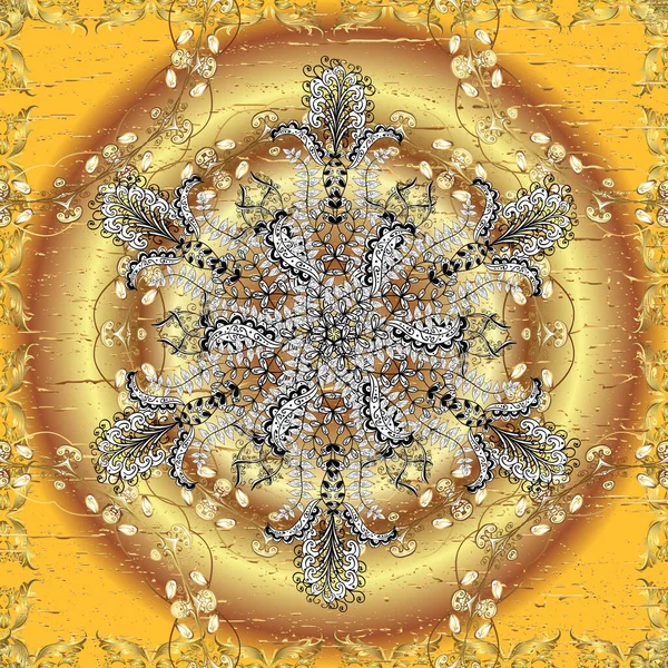 Süslü dekorasyon. Vektör çizimi. Damask altın soyut çiçek kahverengi, bej ve sarı renklerde pürüzsüz desen.