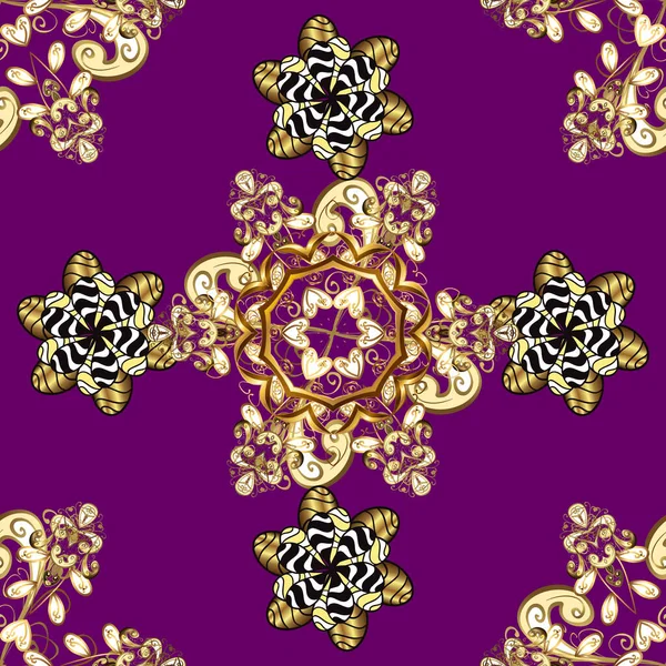 Seamless Pattern Golden Elements Royal Retro Purple Yellow Brown Colors — Stockvektor