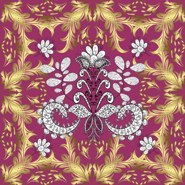Çiçek süsü kumaş deseni, cam, çiçek desenli metal nötr, mor ve sarı renklerde altın elementler. Klasik, altın, pürüzsüz model..