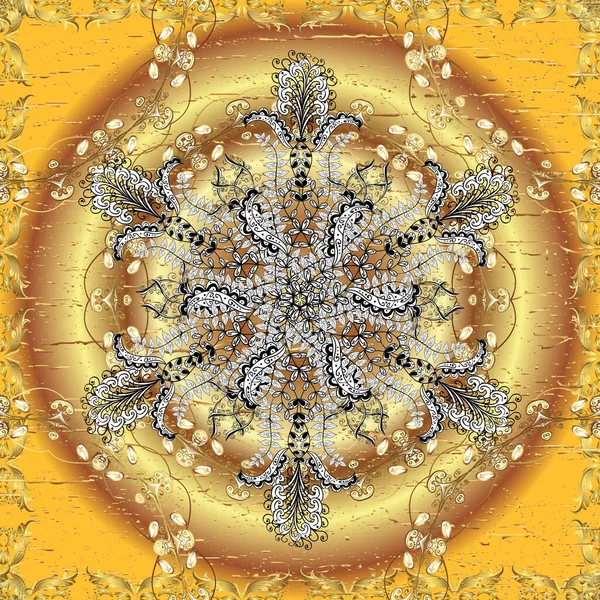 Çizgi sanatı tasarım şablonu için kusursuz sınır. Davetiyeler için resim, kartlar, web sayfası. Altın desenli çiçek dekoru. Sarı, kahverengi ve bej renklerde altın element. Doğu tarzı ögesi.