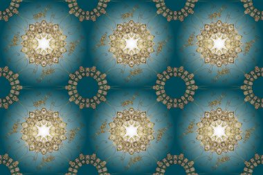 Kraliyet retro 'su mavi, kahverengi ve nötr renklerde. Klasik çiçek dokusu. Altın şablon. Kart, duvar kağıdı, ambalaj ve tekstil için klasik tasarım. Çizim. Kusursuz desenli altın elementler.